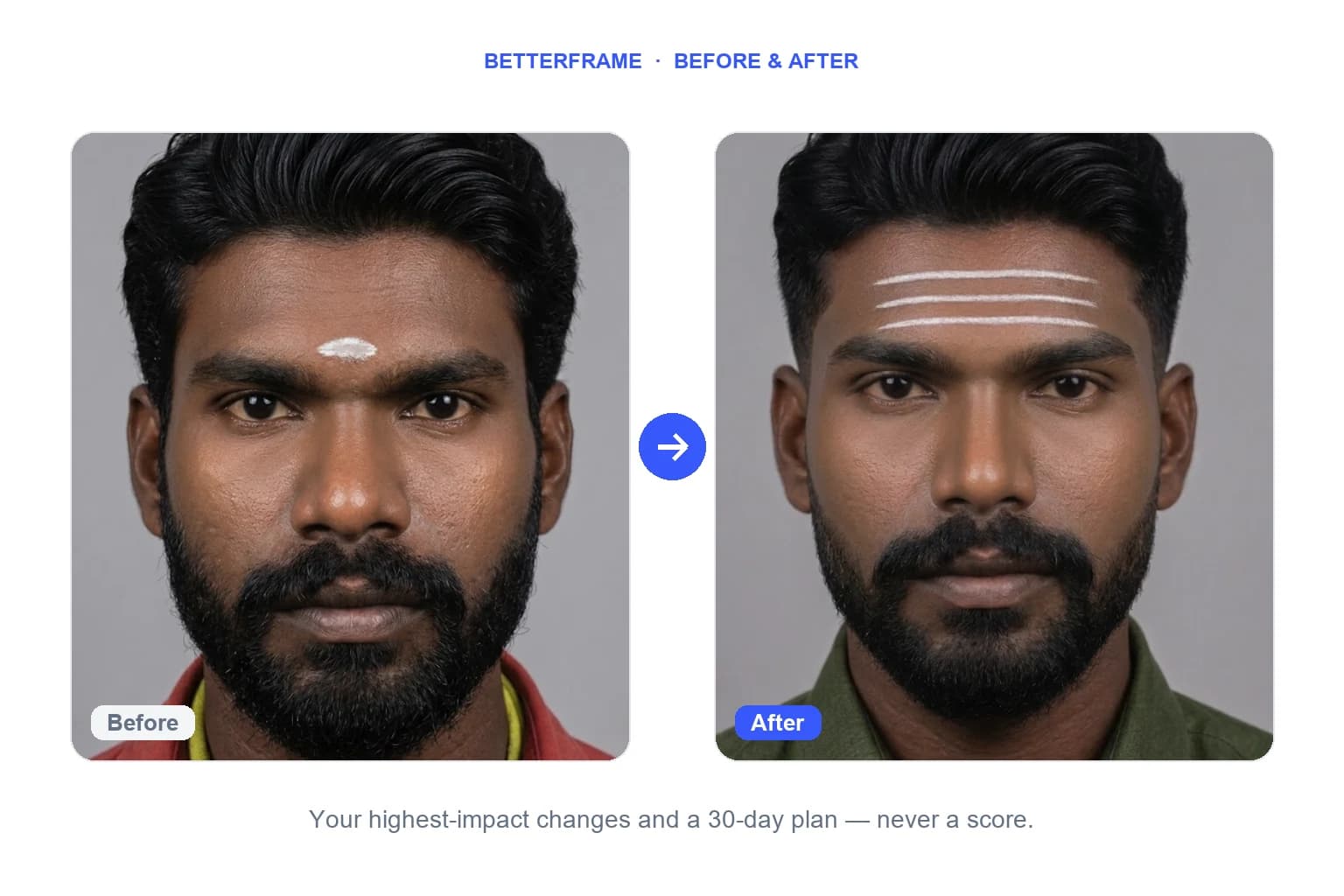Before and after — a real BetterFrame appearance plan: grooming, hair and style changes